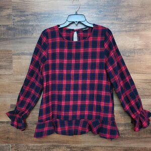WHITE BIRCH Top Womens L Flannel Plaid Ruffle Hem Bell Sleeve Boho Cottagecore